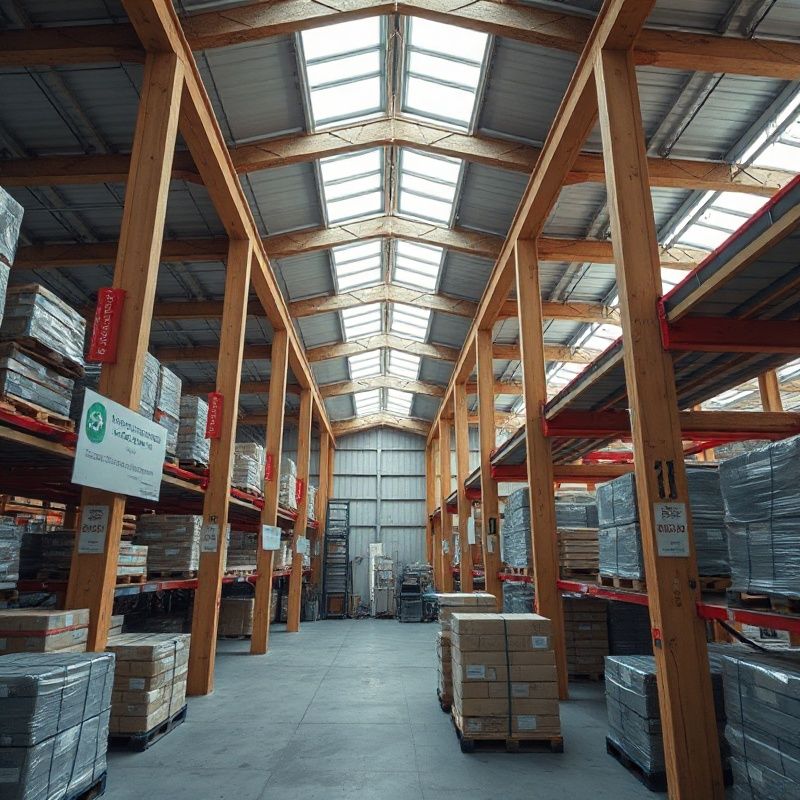 Overhead view of a Canadian warehouse interior with racked pallets and skylights