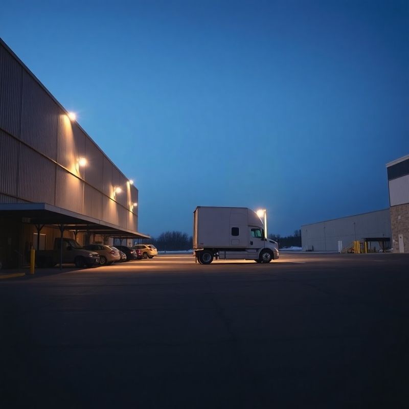 Azure-lit Ottawa loading dock at dawn with a semi-truck pulling away