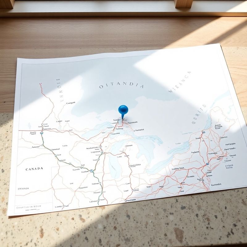 Printed road map of Canada and the US Northeast with an azure pin marking Ottawa